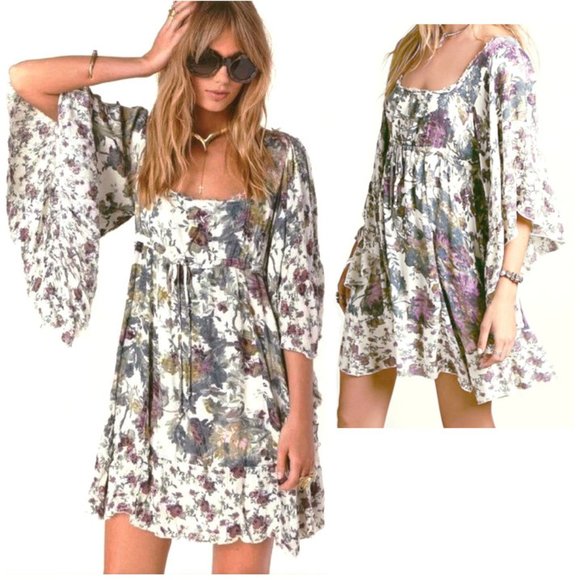 Free People Heart of Gold Mini Dress w/Vintage Floral Print & Butterfly Sleeves - Picture 2 of 12